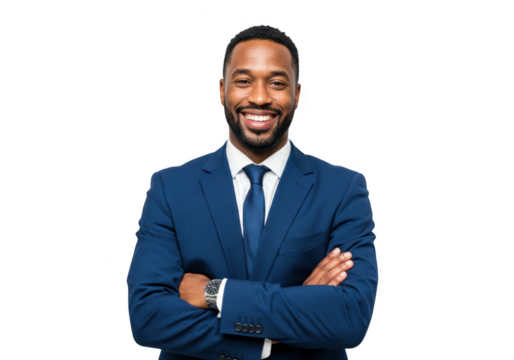 Smiling man in blue suit arms crossed isolated on transparent background