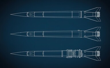 Blueprint of Missiles: A technical blueprint showcases three meticulously rendered missiles, detailing their structure and design with precision against a navy background.