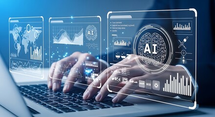 Person using laptop with AI data analysis and global network interface artificial intelligence