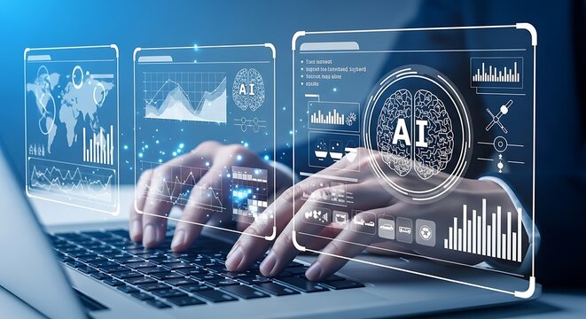 Person using laptop with AI data analysis and global network interface artificial intelligence