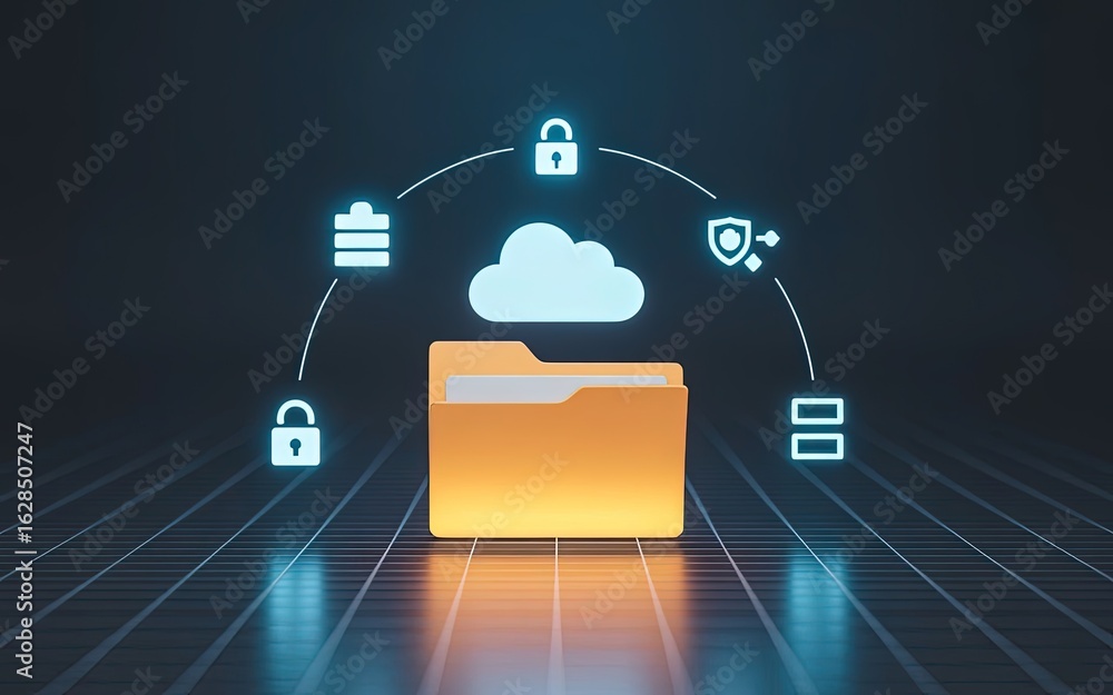 Poster cloud data security: the image captures a conceptual scene of secure cloud storage with a detailed f