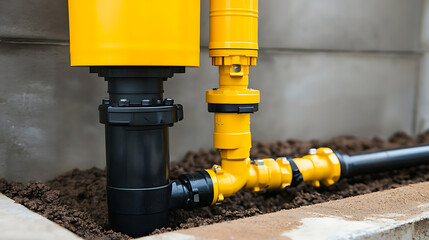 Industrial pipe infrastructure with black and yellow components, showcasing a robust system in an outdoor setting. Essential for utilities and industrial use.