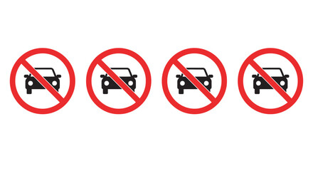 Four no parking signs with car silhouette prohibition symbol silhouette