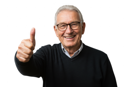 Smiling senior man giving thumbs up isolated on transparent background