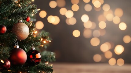Festive christmas tree with sparkling red and gold ornaments and warm holiday lights
