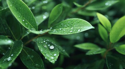 Close-up of lush green leaves, covered in dew drops
