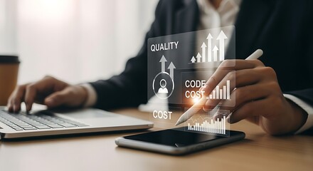 Business analytics on smartphone and laptop with quality cost code data image photo