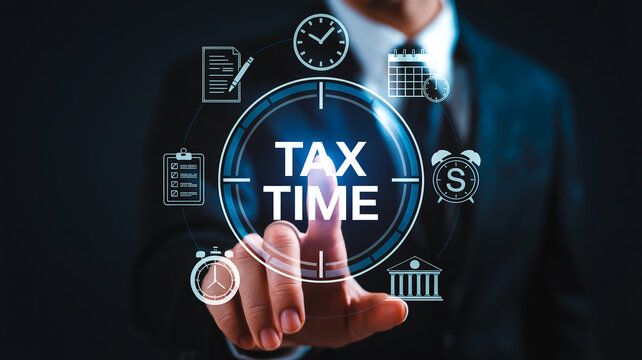 Digital illustration of “TAX TIME” white text on dark blue circular clock-face virtual interface - Powered by Adobe
