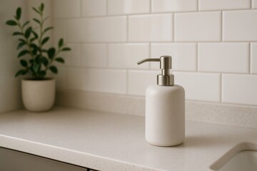 Modern soap dispenser sitting on a bathroom countertop with a small plant in the background and white tiles