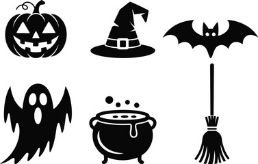 Obraz premium Halloween spooky elements set silhouette vector illustration including pumpkin bat ghost and witch hat