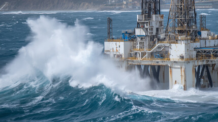 Powerful ocean waves envelop platform legs, water cascading over rust-streaked steel beams, close-up shows battered but resilient drilling equipment amid tempestuous marine conditi
