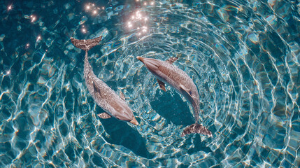 Two Dolphin Swimming in Clear Blue Water with Sun Reflections Overhead