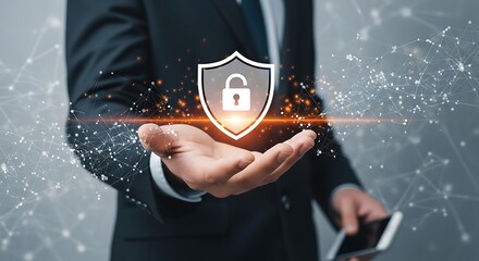 Business Professional Offering Digital Security And Data Protection With Shield And Lock Symbol