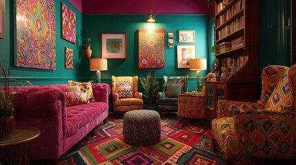 Vibrant bohemian living room with colorful decor and eclectic patterns