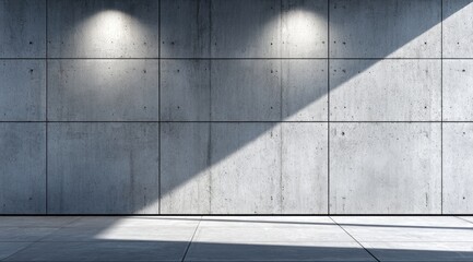 Empty, modern concrete wall, lit by spotlights.  Shadows cast diagonally