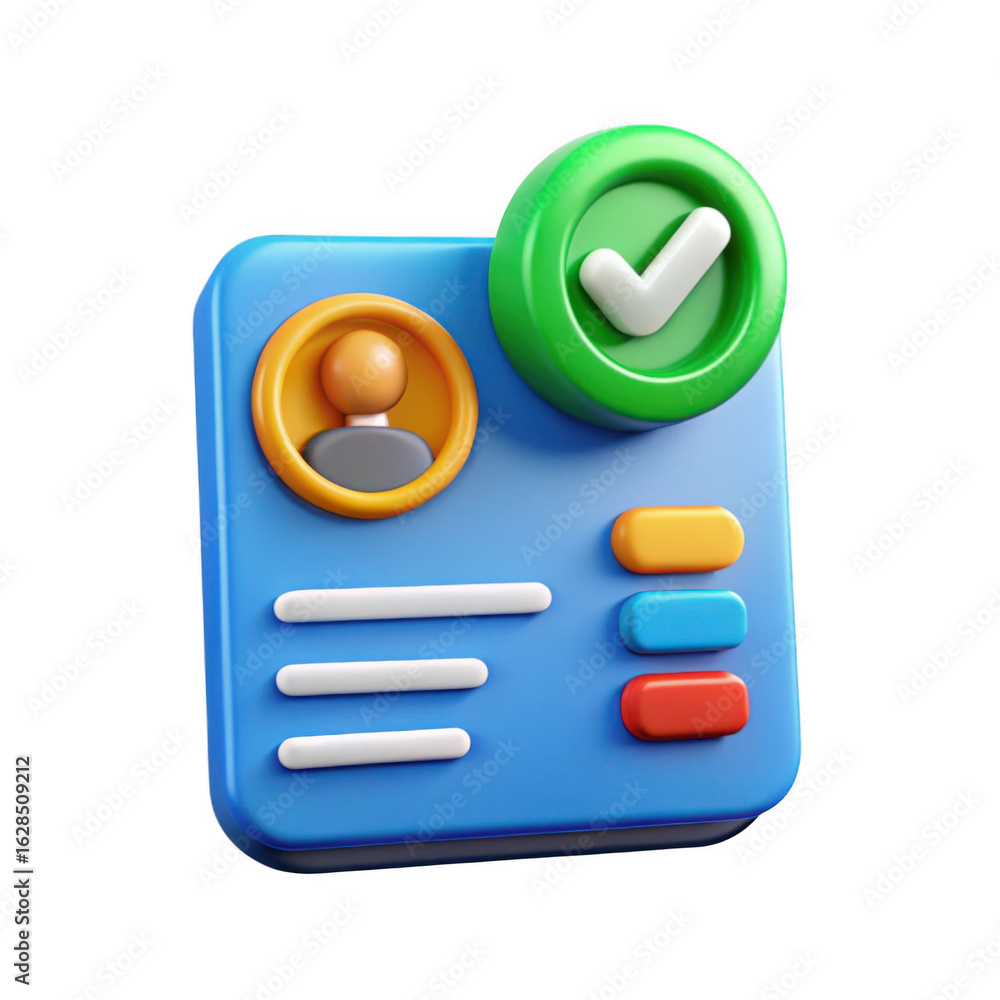 Aufkleber 3d rendered user profile card with green checkmark icon isolated on transparent background