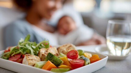 Healthy hospital meal tray with grilled tofu and fresh vegetables