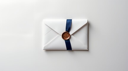 White envelope with blue ribbon and wax seal isolated on white background
