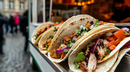Authentic tacos with fresh ingredients from a street vendor. A tasty, flavorful experience for a quick lunch. Street food cuisine at its finest.