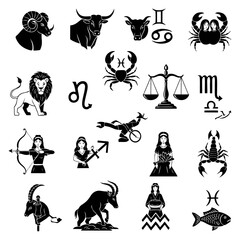 A diverse collection of black and white vector icons representing all twelve zodiac signs, including both the symbols and their corresponding animals and figures.