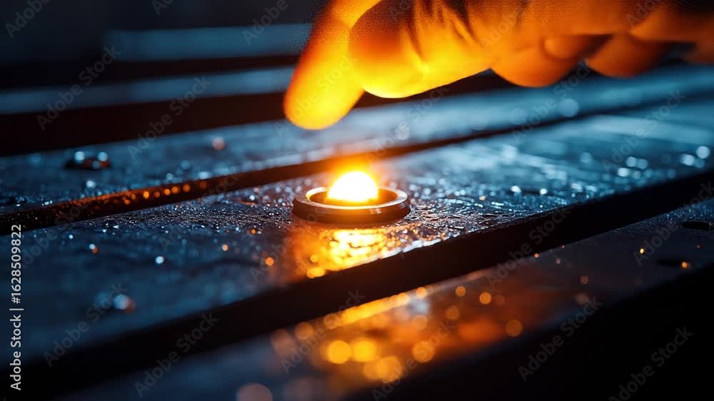 Poster illuminated control button on metal surface with a touching finger close up under dim lighting and i