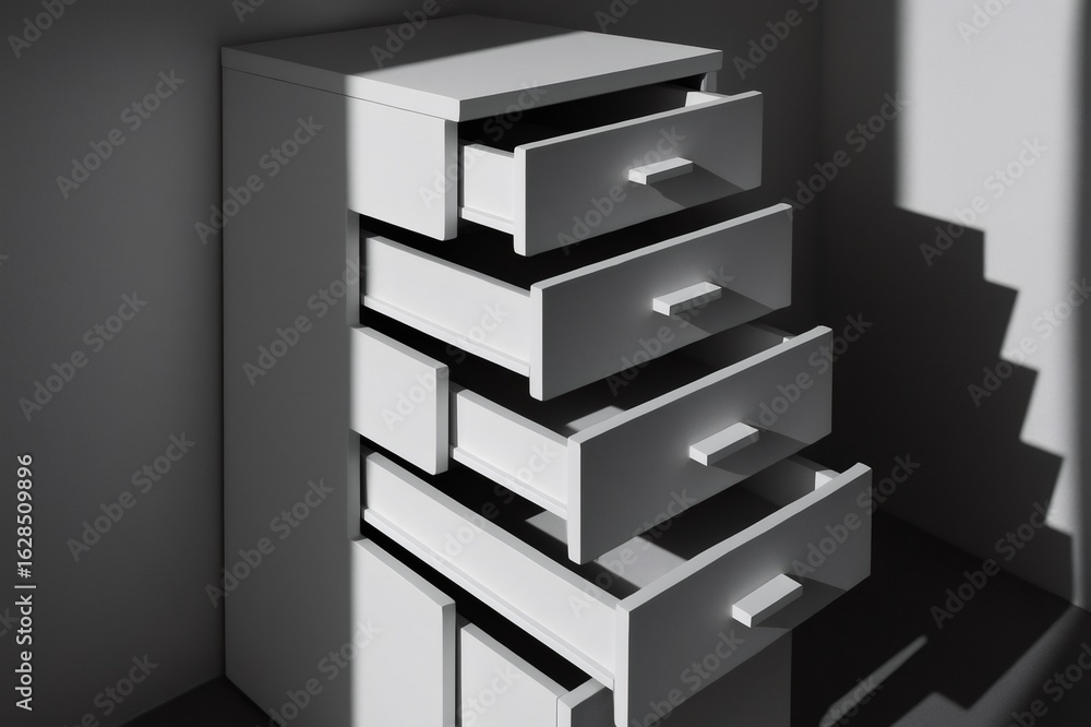 Poster sunlight illuminating open drawers of white drawer unit, creating geometric shadows on wall and floo