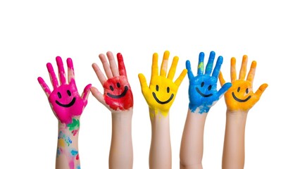 Five kid hands painted with colorful paint and smiling faces on a white background. International Children's Day celebration and creative art activity with copyspace.