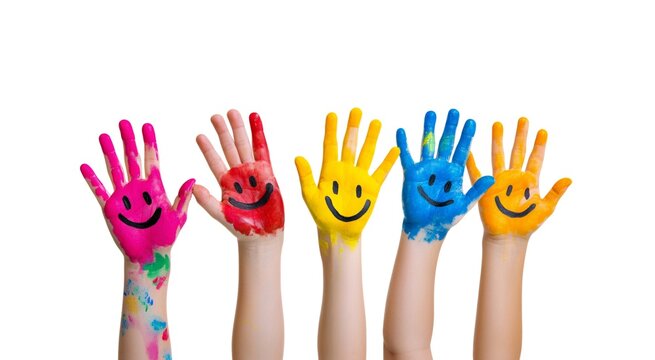 Five kid hands painted with colorful paint and smiling faces on a white background. International Children's Day celebration and creative art activity with copyspace. - Powered by Adobe