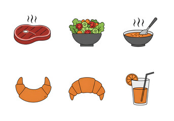 Simple Outlined Food and Drink Selection Various Meal Dishes Illustration
