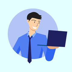 Businessman Looking at Laptop in Flat Design Illustration
