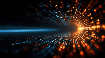 Digital tunnel effect with orange and blue glowing particles