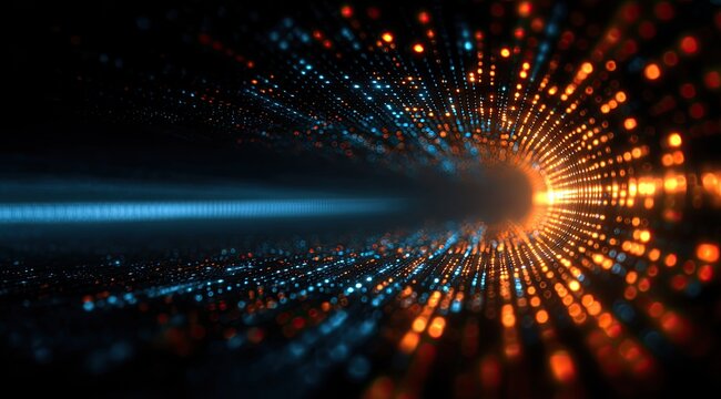 Digital tunnel effect with orange and blue glowing particles