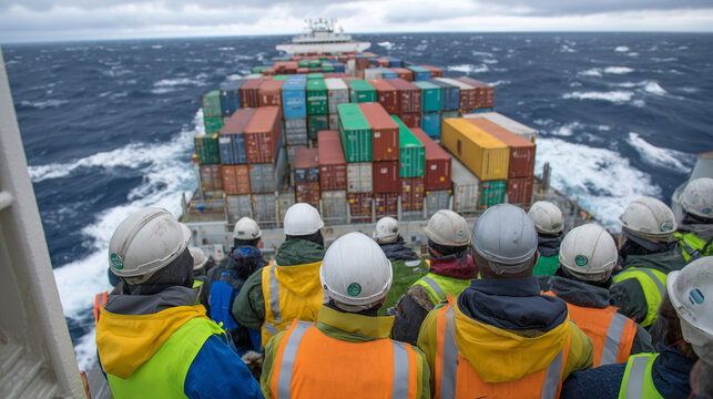 Wide-angle view of safety drill aboard cargo vessel, crew lined up on deck wearing life jackets, colorful containers stacked behind, calm sea and cloudy sky overhead