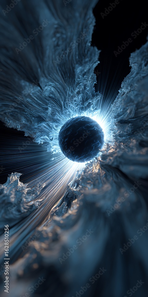 Poster abstract sphere of energy and light in a dark background, creating a dynamic and radiant burst with 