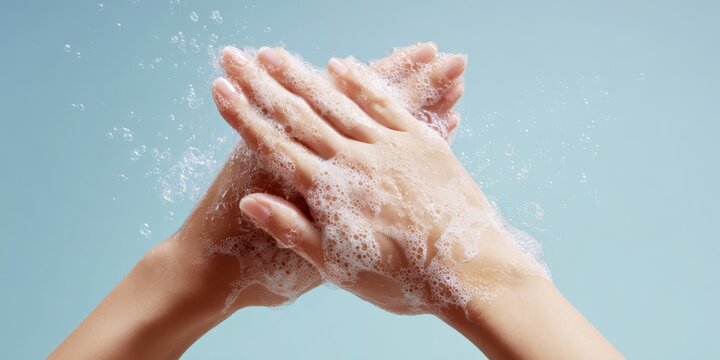 The hands gently washing with soap and bubbles against a light backdrop. - Powered by Adobe