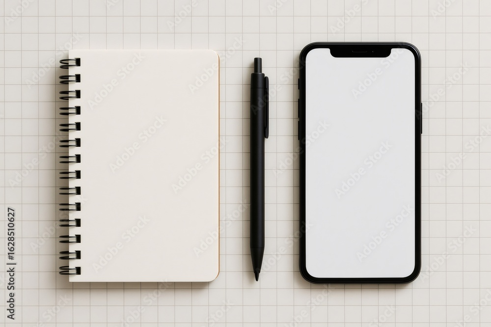 Poster notebook, pen and smartphone with blank screen are lying on grid background, composing a perfectly a