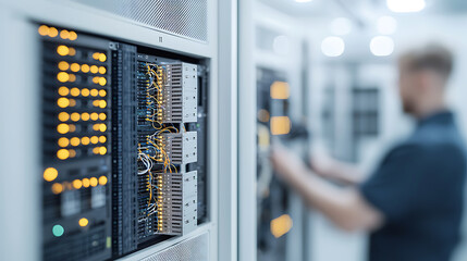 Server Room Maintenance: Close-up of equipment with glowing lights, focusing on a technician working in a data center. System administration at work.