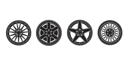 Four distinct car wheel designs shown in a black silhouette against a white background