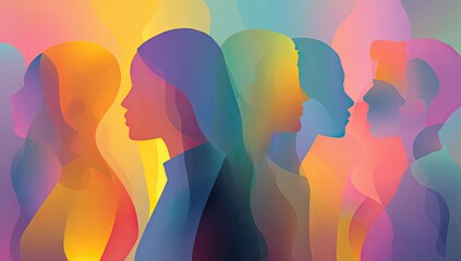 Profile views of diverse people, vibrant colors, soft gradients