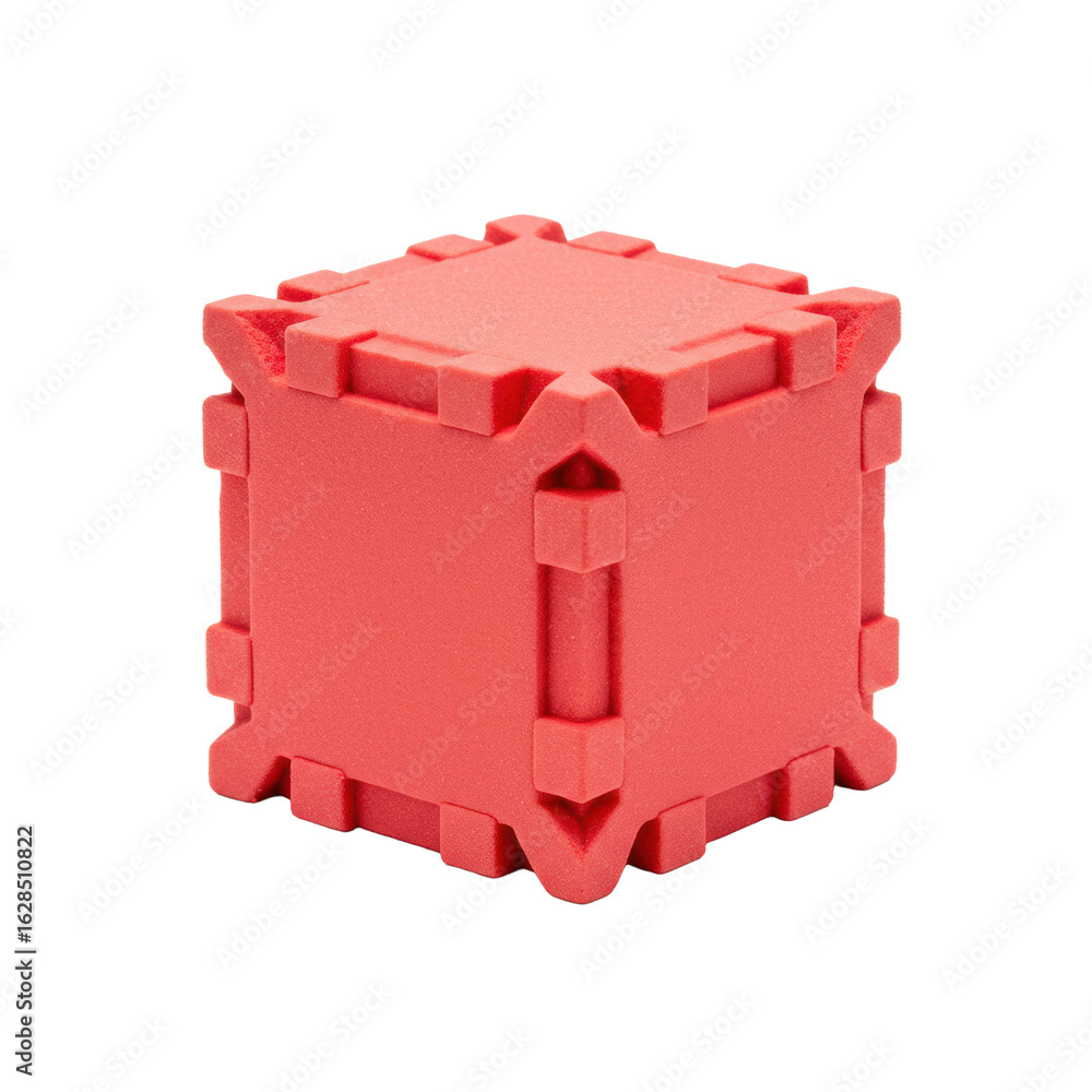 Aufkleber a vibrant primary red interlocking foam cuboid block with visible tabs and slots, subtle matte textu