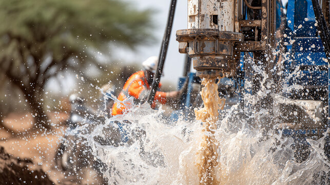 Action shot of drilling machinery displacing layers of soil and rock, muddy water escaping from artesian well bore, construction workers observing the process in background