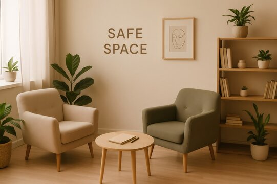 Calming therapy room with comfortable armchairs, a small table, a bookshelf, plants, and a minimalist painting, creating a safe and inviting space for healing and growth