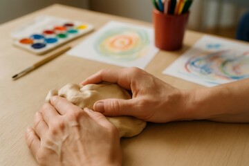 Hands kneading clay on table during an art therapy session, with watercolors and colored pencils in the background
