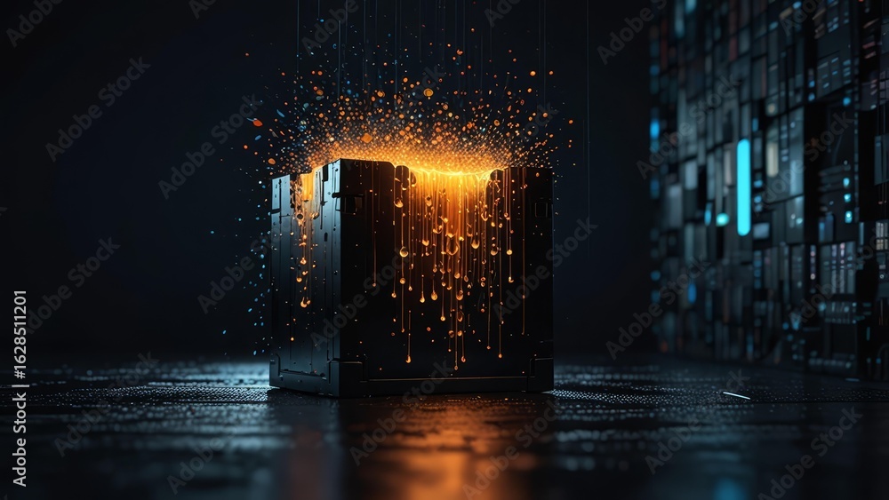 Poster hacked container with light beams escaping