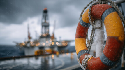 Colorful life buoy foregrounded against industrial drilling rig silhouette, heavy gray clouds stretching across sky, offshore vessel deck wet from sea spray