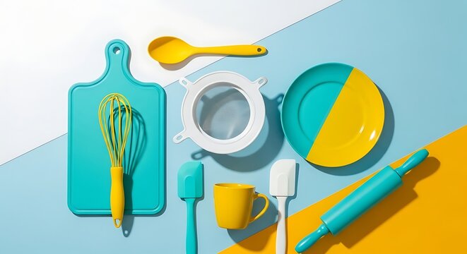 3d illustration of a vibrant collection of kitchen tools arranged on a split blue and yellow background creating a modern and playful culinary scene - Powered by Adobe