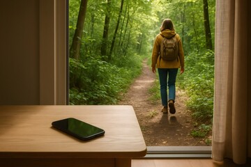 Hiker walking into a forest leaving her mobile phone at home on a wooden table, concept of digital detox and nature escape