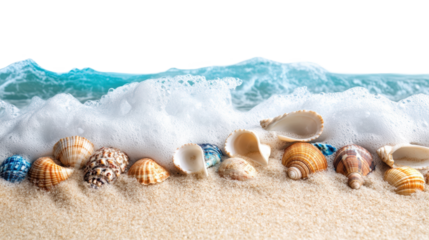 Seashells on Sandy Beach with Ocean Wave Background