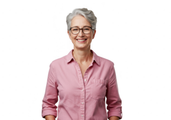 Smiling mature woman wearing glasses and pink shirt isolated on transparent background