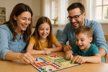 Cheerful family having fun playing a board game together, strengthening bonds and creating happy memories in their cozy home